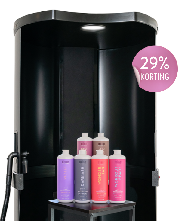 Spray tan booth with 6 spray tan solution bottles featured