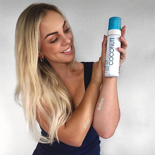 tanned woman in Coconut Water Self Tan Foam